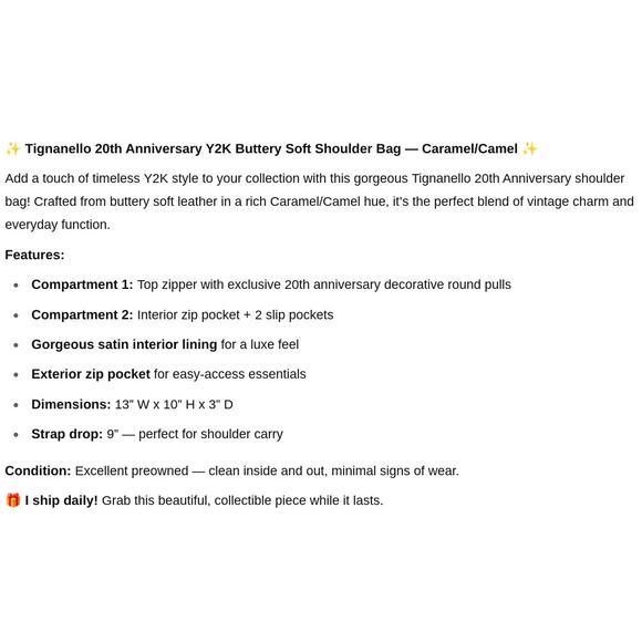 Tignanello 20th Anniversary Y2K Buttery Soft Shoulder Bag Caramel/Camel - Picture 9 of 9